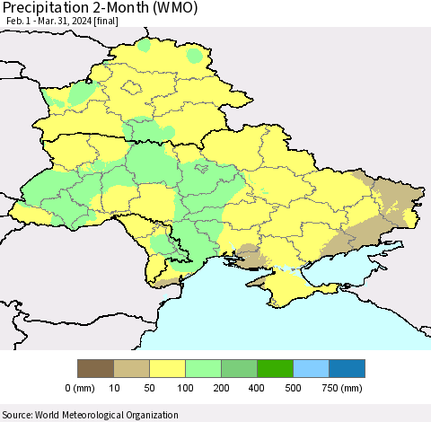 Ukraine, Moldova and Belarus Precipitation 2-Month (WMO) Thematic Map For 2/1/2024 - 3/31/2024