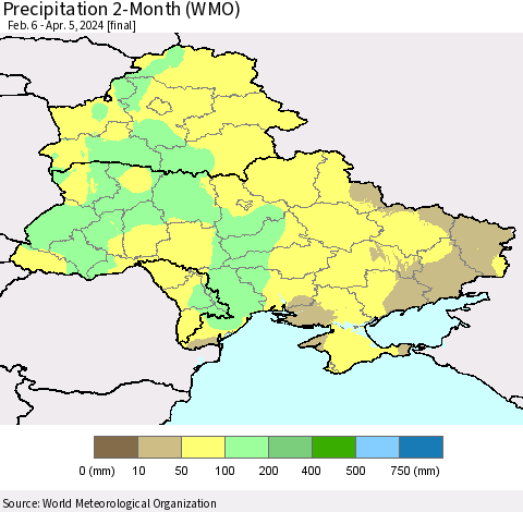 Ukraine, Moldova and Belarus Precipitation 2-Month (WMO) Thematic Map For 2/6/2024 - 4/5/2024