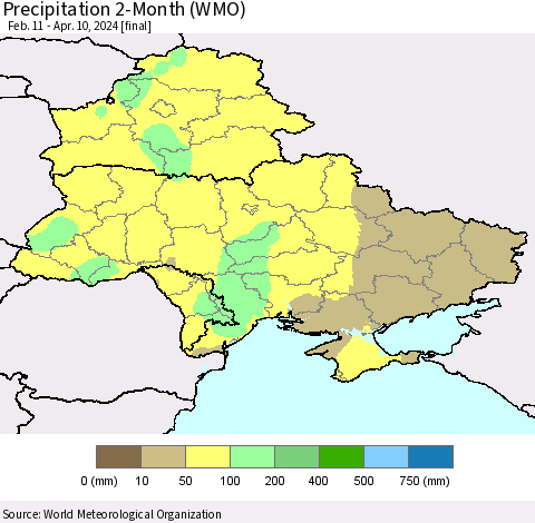 Ukraine, Moldova and Belarus Precipitation 2-Month (WMO) Thematic Map For 2/11/2024 - 4/10/2024