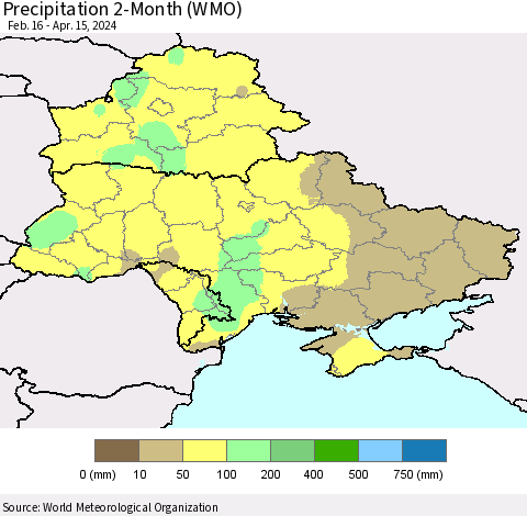 Ukraine, Moldova and Belarus Precipitation 2-Month (WMO) Thematic Map For 2/16/2024 - 4/15/2024