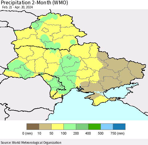 Ukraine, Moldova and Belarus Precipitation 2-Month (WMO) Thematic Map For 2/21/2024 - 4/20/2024