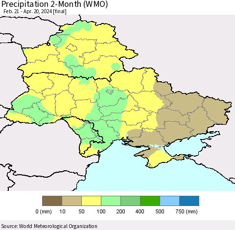 Ukraine, Moldova and Belarus Precipitation 2-Month (WMO) Thematic Map For 2/21/2024 - 4/20/2024