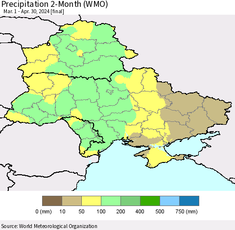 Ukraine, Moldova and Belarus Precipitation 2-Month (WMO) Thematic Map For 3/1/2024 - 4/30/2024