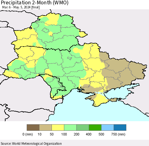 Ukraine, Moldova and Belarus Precipitation 2-Month (WMO) Thematic Map For 3/6/2024 - 5/5/2024