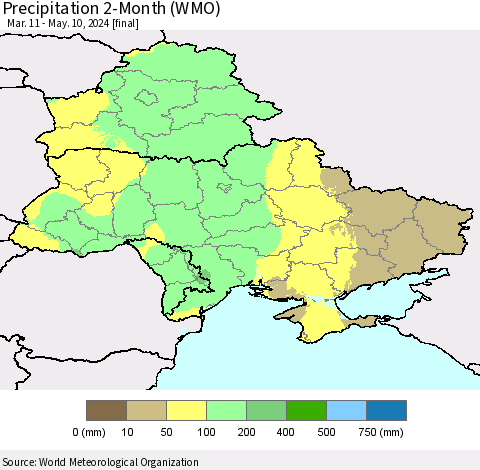 Ukraine, Moldova and Belarus Precipitation 2-Month (WMO) Thematic Map For 3/11/2024 - 5/10/2024