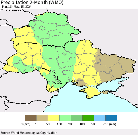 Ukraine, Moldova and Belarus Precipitation 2-Month (WMO) Thematic Map For 3/16/2024 - 5/15/2024