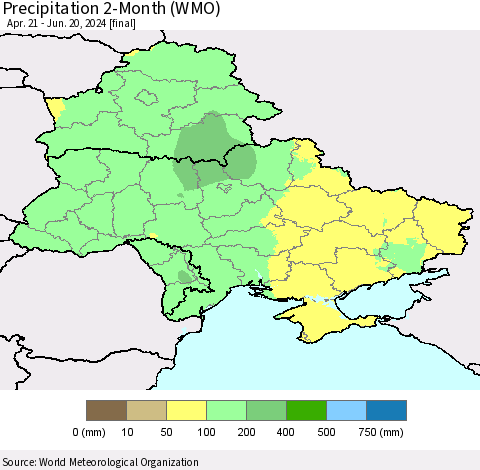 Ukraine, Moldova and Belarus Precipitation 2-Month (WMO) Thematic Map For 4/21/2024 - 6/20/2024