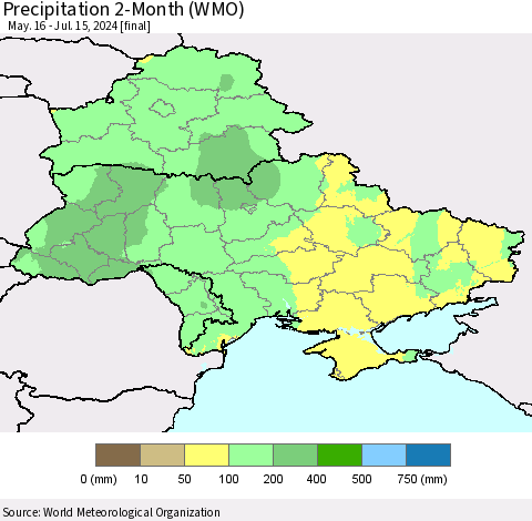 Ukraine, Moldova and Belarus Precipitation 2-Month (WMO) Thematic Map For 5/16/2024 - 7/15/2024