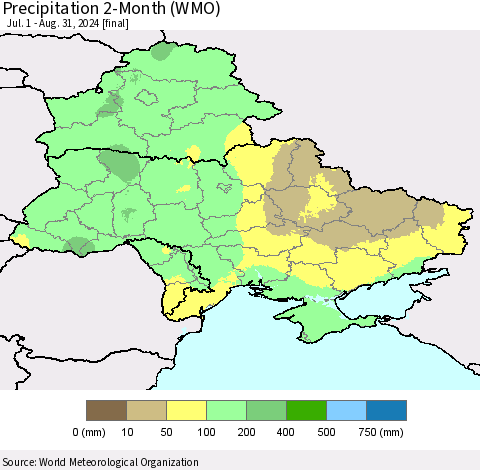 Ukraine, Moldova and Belarus Precipitation 2-Month (WMO) Thematic Map For 7/1/2024 - 8/31/2024
