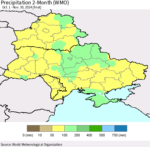 Ukraine, Moldova and Belarus Precipitation 2-Month (WMO) Thematic Map For 10/1/2024 - 11/30/2024