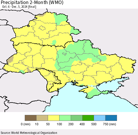 Ukraine, Moldova and Belarus Precipitation 2-Month (WMO) Thematic Map For 10/6/2024 - 12/5/2024