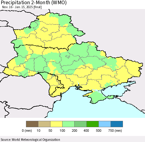 Ukraine, Moldova and Belarus Precipitation 2-Month (WMO) Thematic Map For 11/16/2024 - 1/15/2025