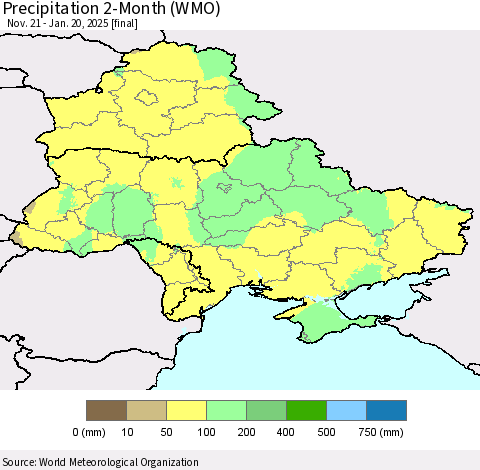 Ukraine, Moldova and Belarus Precipitation 2-Month (WMO) Thematic Map For 11/21/2024 - 1/20/2025