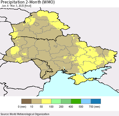 Ukraine, Moldova and Belarus Precipitation 2-Month (WMO) Thematic Map For 1/6/2025 - 3/5/2025