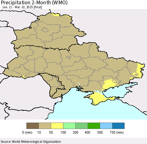 Ukraine, Moldova and Belarus Precipitation 2-Month (WMO) Thematic Map For 1/11/2025 - 3/10/2025