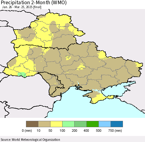 Ukraine, Moldova and Belarus Precipitation 2-Month (WMO) Thematic Map For 1/26/2025 - 3/25/2025