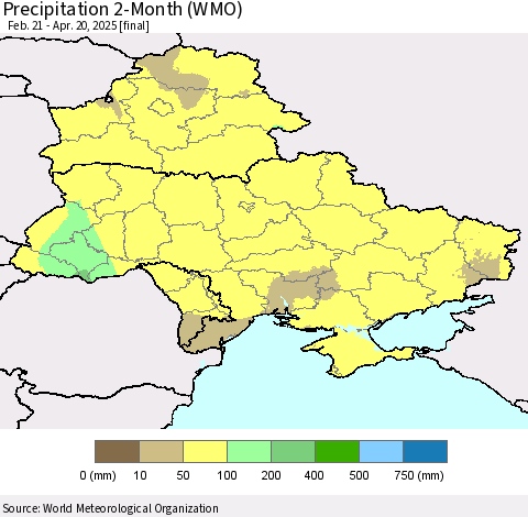 Ukraine, Moldova and Belarus Precipitation 2-Month (WMO) Thematic Map For 2/21/2025 - 4/20/2025