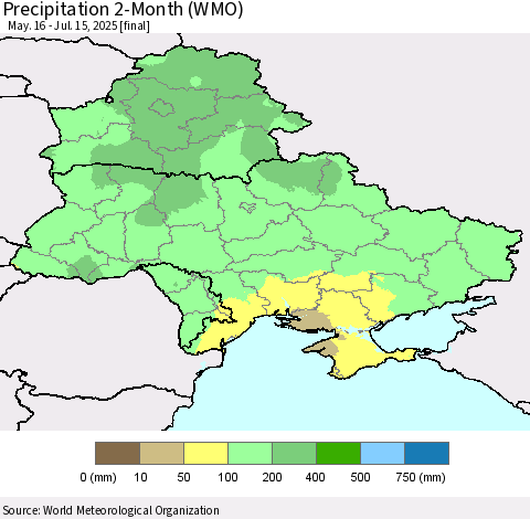 Ukraine, Moldova and Belarus Precipitation 2-Month (WMO) Thematic Map For 5/16/2025 - 7/15/2025
