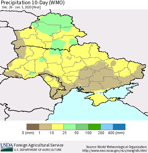 Ukraine, Moldova and Belarus Precipitation 10-Day (WMO) Thematic Map For 12/26/2019 - 1/5/2020