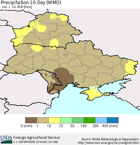 Ukraine, Moldova and Belarus Precipitation 10-Day (WMO) Thematic Map For 1/1/2020 - 1/10/2020