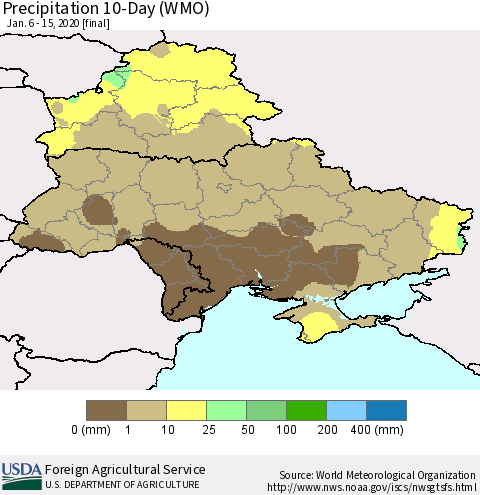 Ukraine, Moldova and Belarus Precipitation 10-Day (WMO) Thematic Map For 1/6/2020 - 1/15/2020