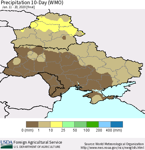 Ukraine, Moldova and Belarus Precipitation 10-Day (WMO) Thematic Map For 1/11/2020 - 1/20/2020