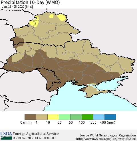 Ukraine, Moldova and Belarus Precipitation 10-Day (WMO) Thematic Map For 1/16/2020 - 1/25/2020