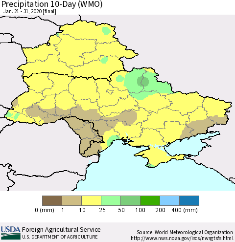 Ukraine, Moldova and Belarus Precipitation 10-Day (WMO) Thematic Map For 1/21/2020 - 1/31/2020