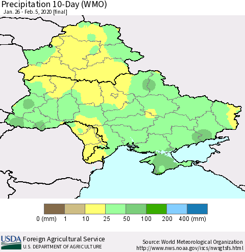Ukraine, Moldova and Belarus Precipitation 10-Day (WMO) Thematic Map For 1/26/2020 - 2/5/2020