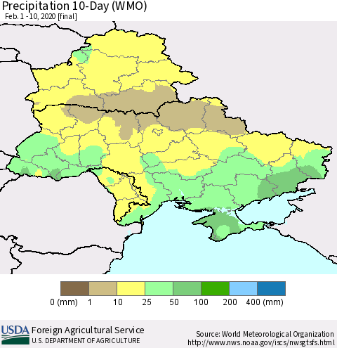 Ukraine, Moldova and Belarus Precipitation 10-Day (WMO) Thematic Map For 2/1/2020 - 2/10/2020