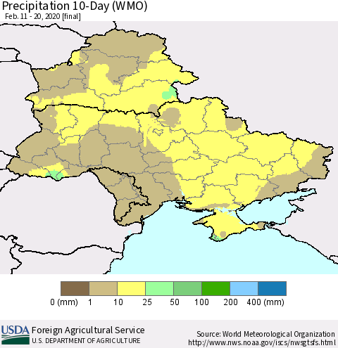 Ukraine, Moldova and Belarus Precipitation 10-Day (WMO) Thematic Map For 2/11/2020 - 2/20/2020