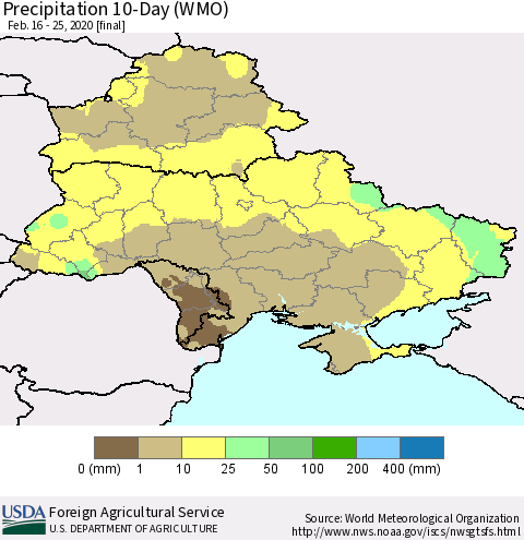 Ukraine, Moldova and Belarus Precipitation 10-Day (WMO) Thematic Map For 2/16/2020 - 2/25/2020