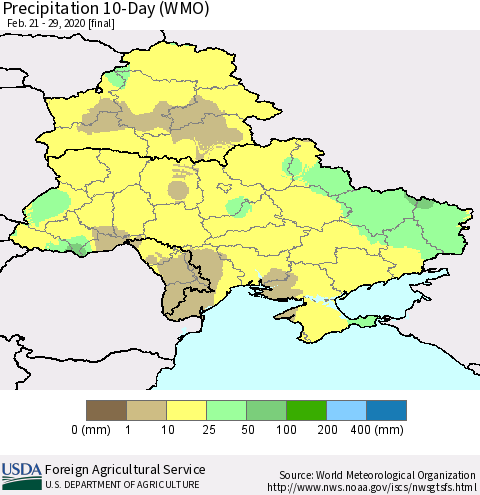 Ukraine, Moldova and Belarus Precipitation 10-Day (WMO) Thematic Map For 2/21/2020 - 2/29/2020