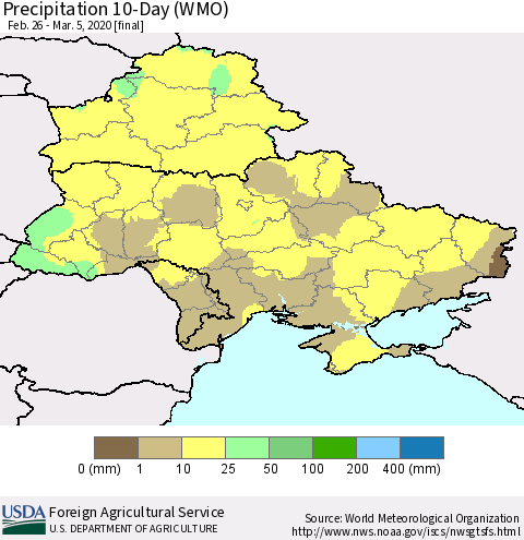 Ukraine, Moldova and Belarus Precipitation 10-Day (WMO) Thematic Map For 2/26/2020 - 3/5/2020