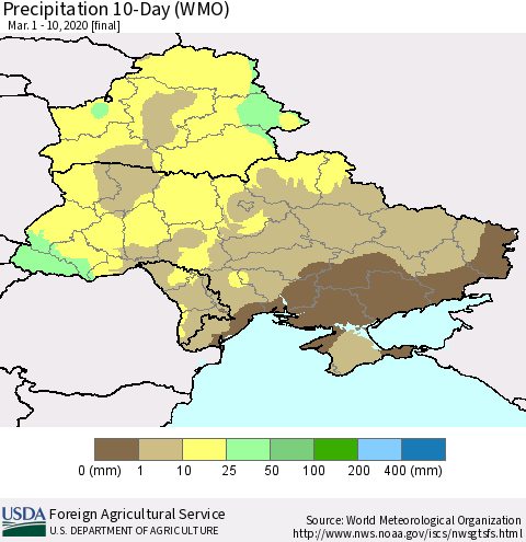 Ukraine, Moldova and Belarus Precipitation 10-Day (WMO) Thematic Map For 3/1/2020 - 3/10/2020