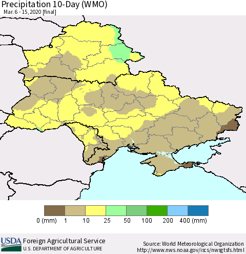 Ukraine, Moldova and Belarus Precipitation 10-Day (WMO) Thematic Map For 3/6/2020 - 3/15/2020
