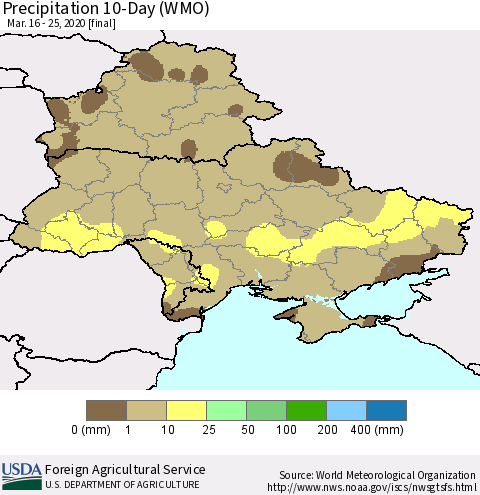 Ukraine, Moldova and Belarus Precipitation 10-Day (WMO) Thematic Map For 3/16/2020 - 3/25/2020