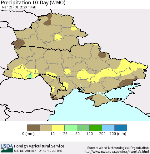 Ukraine, Moldova and Belarus Precipitation 10-Day (WMO) Thematic Map For 3/21/2020 - 3/31/2020