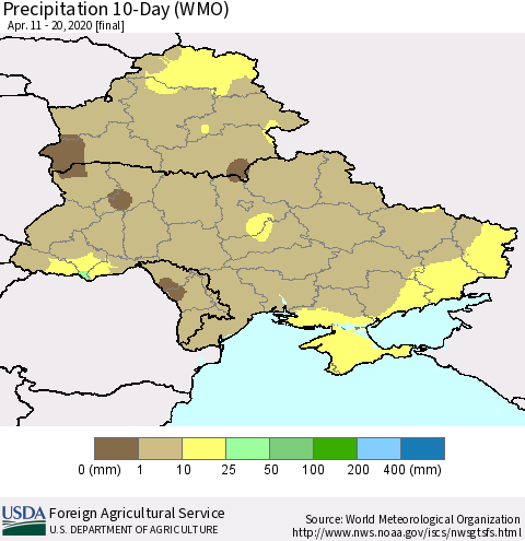 Ukraine, Moldova and Belarus Precipitation 10-Day (WMO) Thematic Map For 4/11/2020 - 4/20/2020