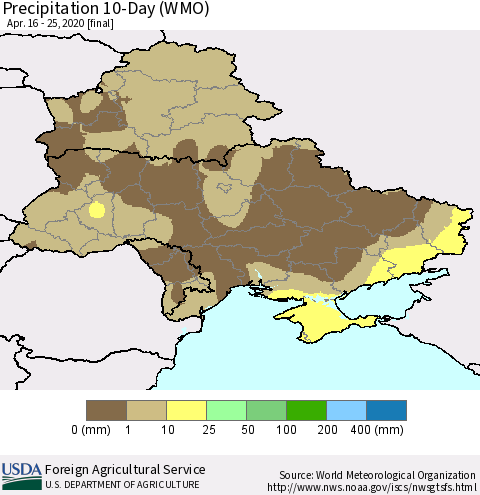 Ukraine, Moldova and Belarus Precipitation 10-Day (WMO) Thematic Map For 4/16/2020 - 4/25/2020