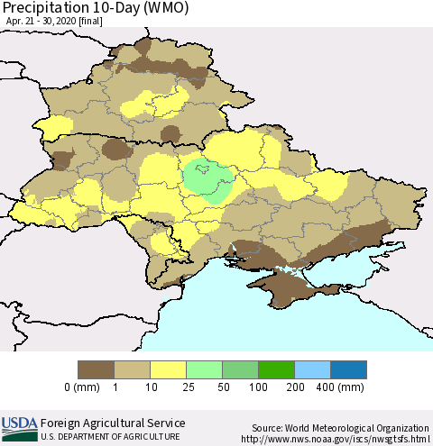 Ukraine, Moldova and Belarus Precipitation 10-Day (WMO) Thematic Map For 4/21/2020 - 4/30/2020