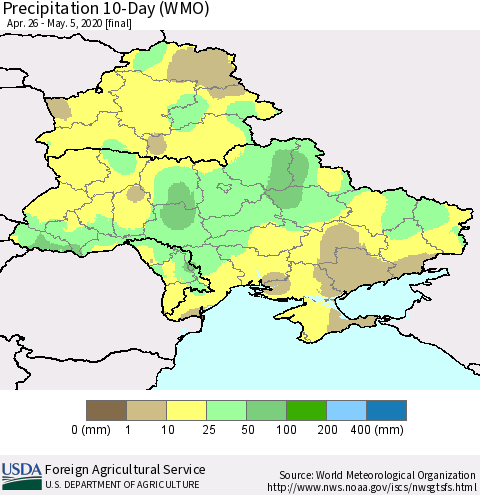 Ukraine, Moldova and Belarus Precipitation 10-Day (WMO) Thematic Map For 4/26/2020 - 5/5/2020