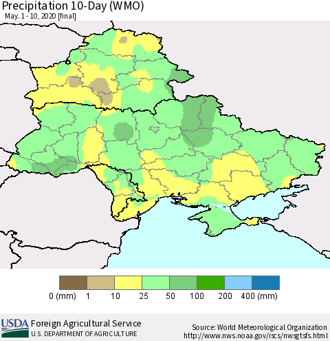 Ukraine, Moldova and Belarus Precipitation 10-Day (WMO) Thematic Map For 5/1/2020 - 5/10/2020