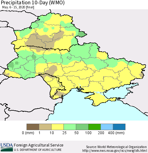 Ukraine, Moldova and Belarus Precipitation 10-Day (WMO) Thematic Map For 5/6/2020 - 5/15/2020