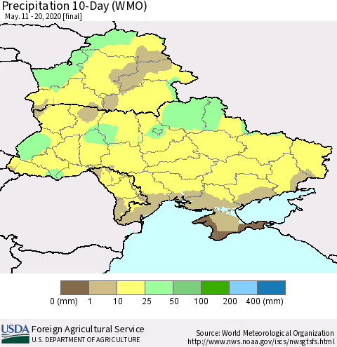 Ukraine, Moldova and Belarus Precipitation 10-Day (WMO) Thematic Map For 5/11/2020 - 5/20/2020