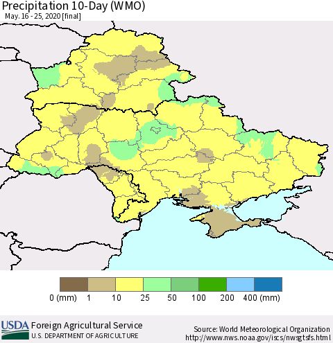 Ukraine, Moldova and Belarus Precipitation 10-Day (WMO) Thematic Map For 5/16/2020 - 5/25/2020