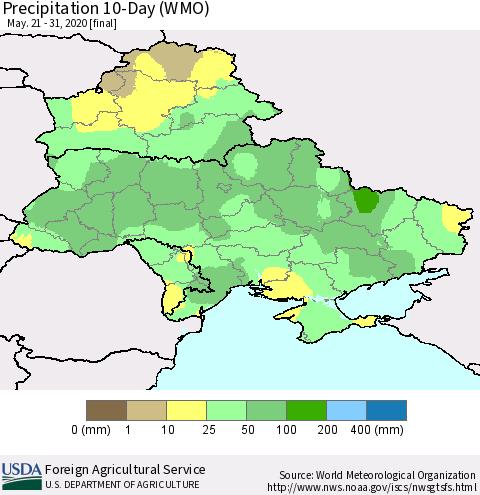Ukraine, Moldova and Belarus Precipitation 10-Day (WMO) Thematic Map For 5/21/2020 - 5/31/2020