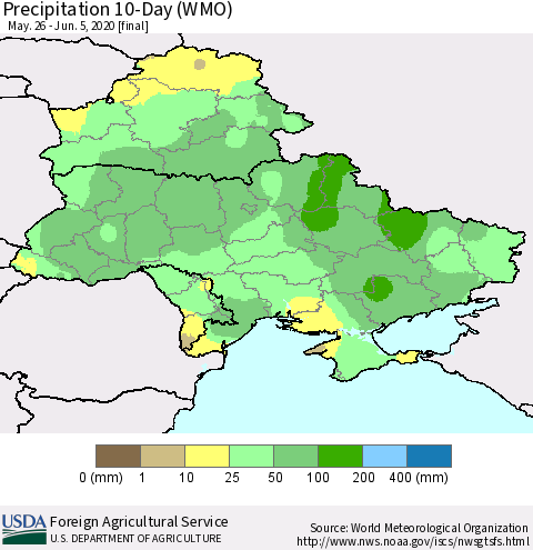 Ukraine, Moldova and Belarus Precipitation 10-Day (WMO) Thematic Map For 5/26/2020 - 6/5/2020