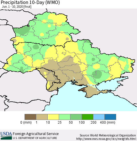 Ukraine, Moldova and Belarus Precipitation 10-Day (WMO) Thematic Map For 6/1/2020 - 6/10/2020