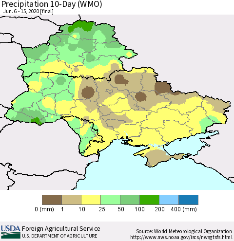 Ukraine, Moldova and Belarus Precipitation 10-Day (WMO) Thematic Map For 6/6/2020 - 6/15/2020